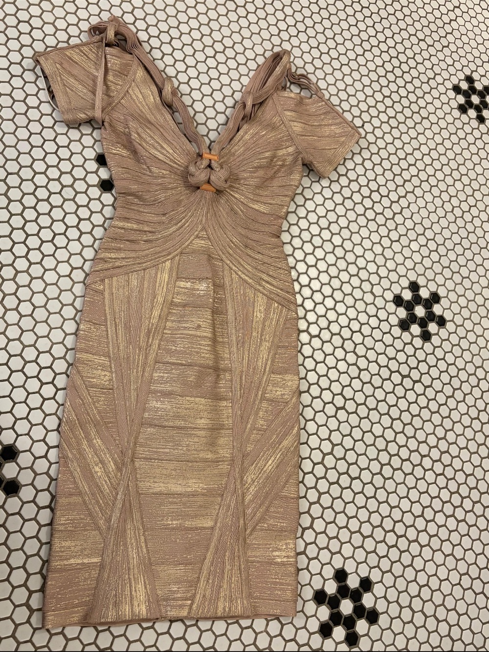 Herve Leger Metallic Rose Gold Knot-Front Midi Dress - Picture 1 of 2